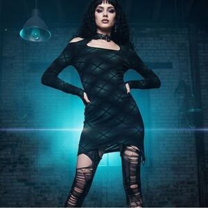 DOLLS KILL PUNK RAVE DARK ASYMMETRIC SEXY PLAID PRINT MINI DRESS